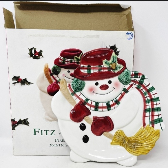 Fitz and Floyd Plaid Christmas Snowman Canape Plate 2063/126 New - Picture 8 of 8